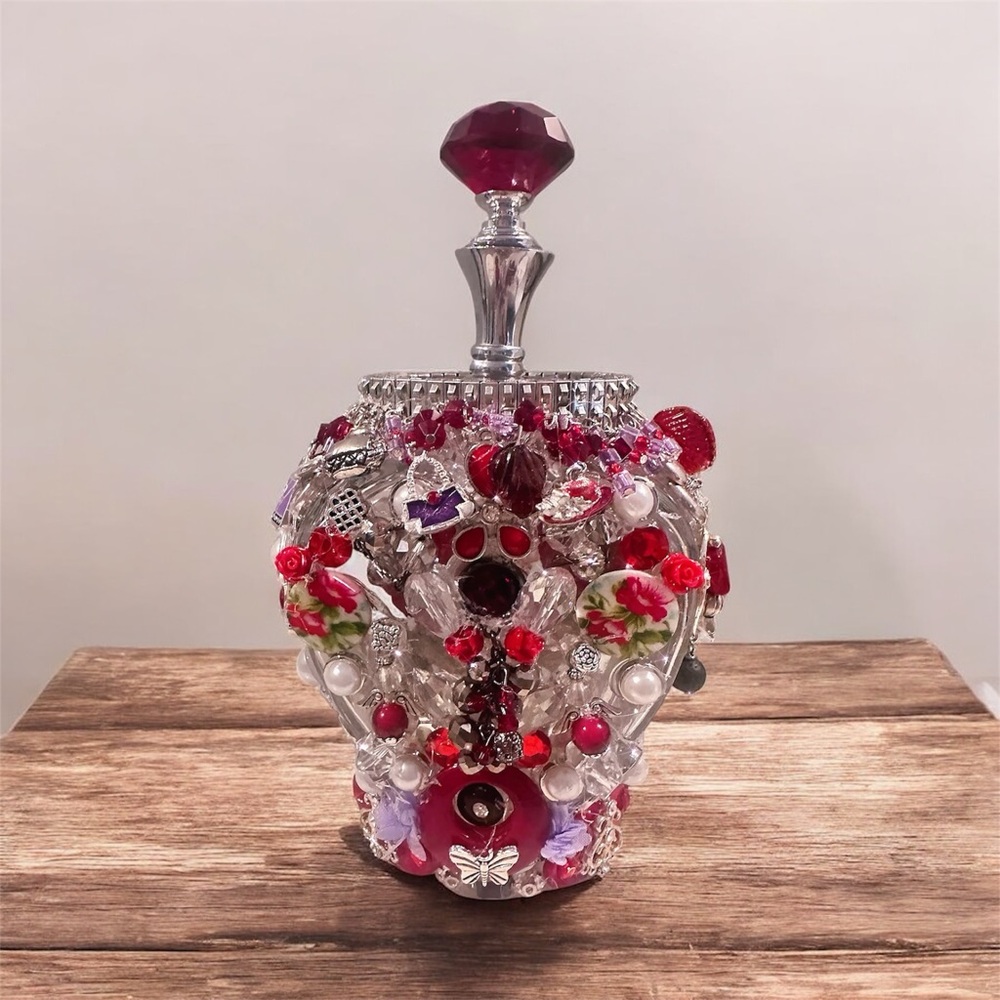 Ornate Embellished Crown Jar Decor – Vintage Jewelry & Pearl Accents –